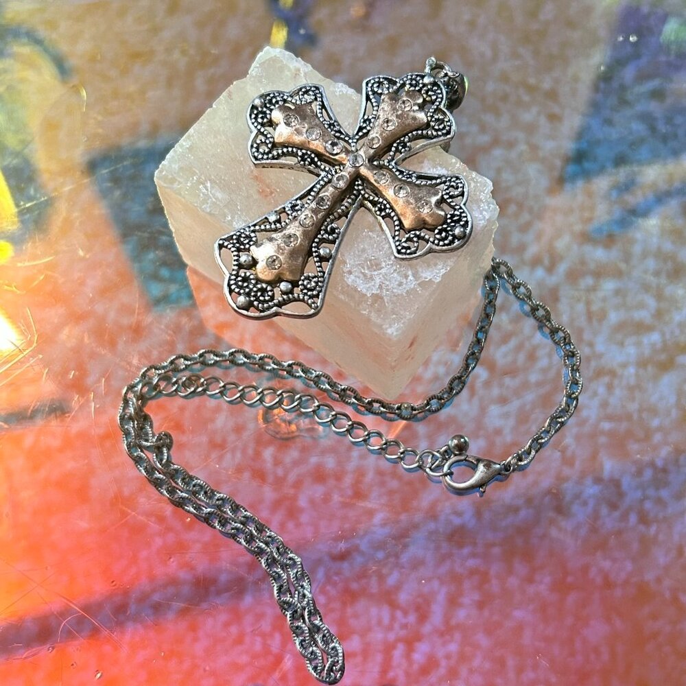 Vintage Copper Filigree Cross Pendant Necklace